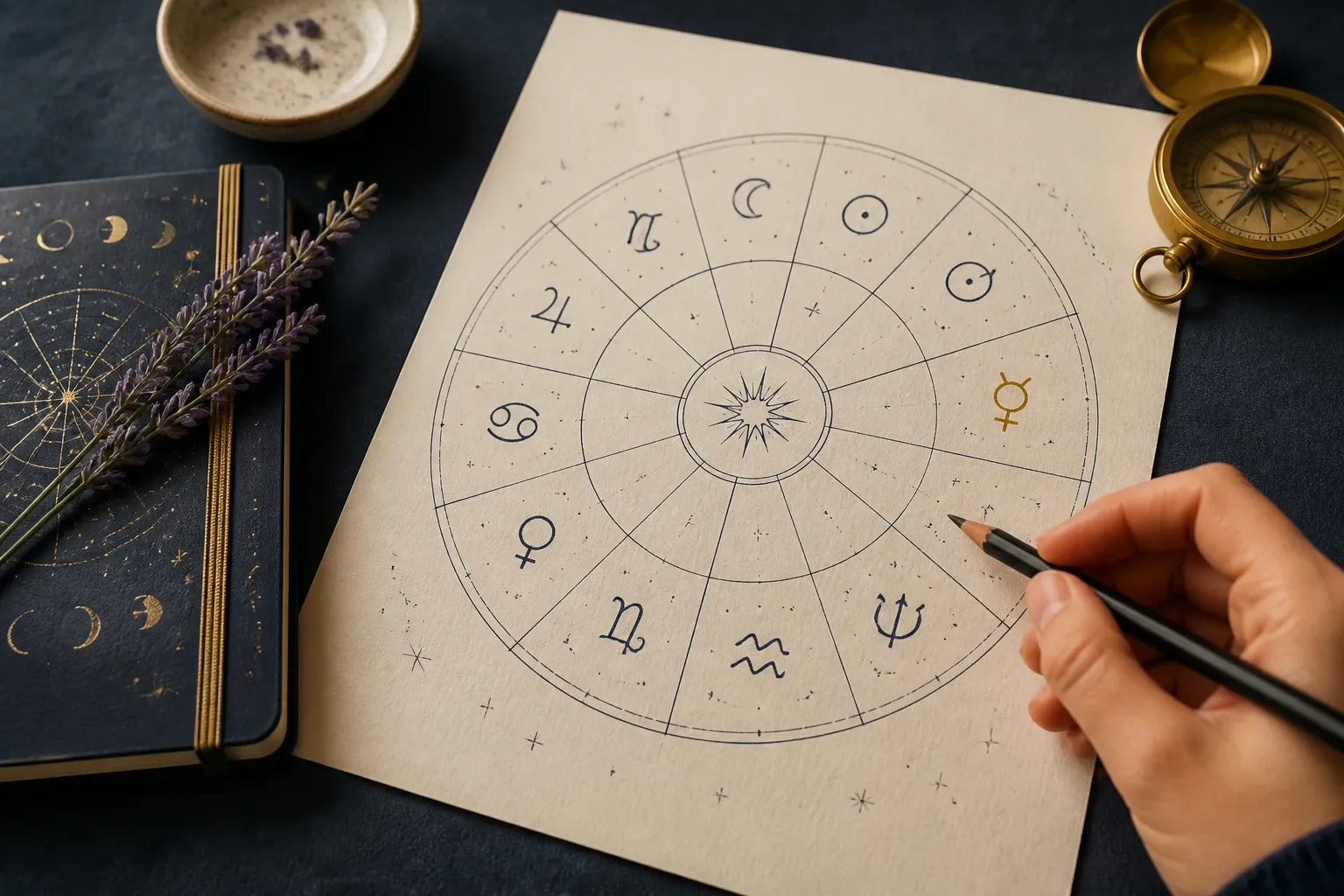 A birth chart with Mercury highlighted near the twelve astrological houses.