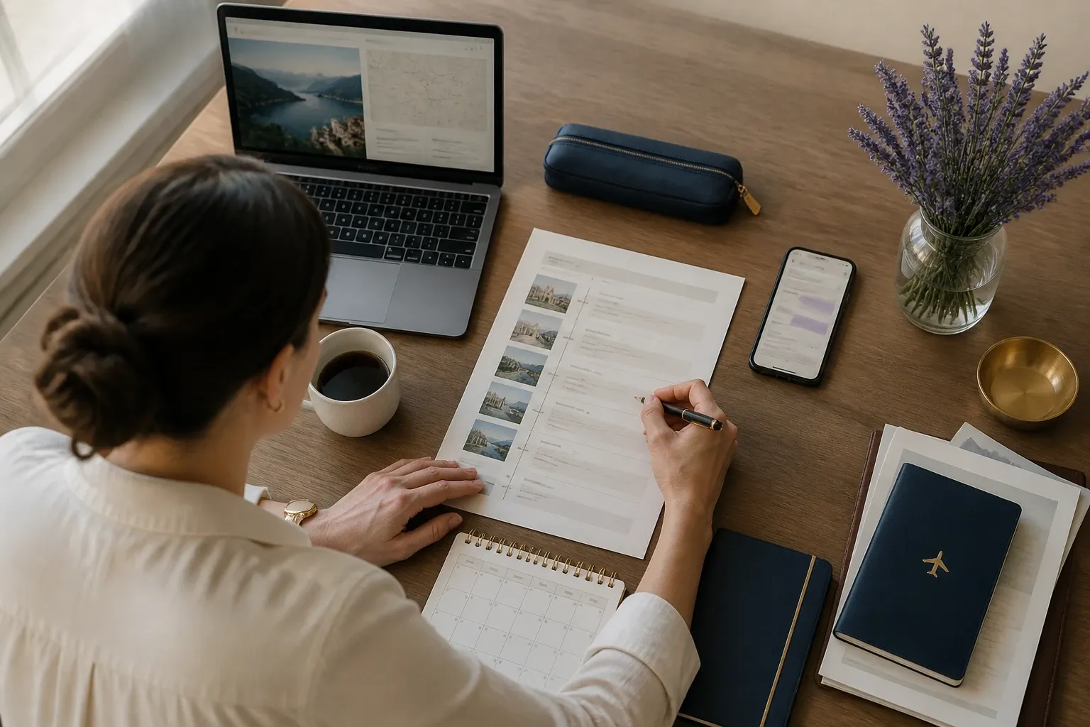 A person checking messages, travel plans, and documents at an organized desk.
