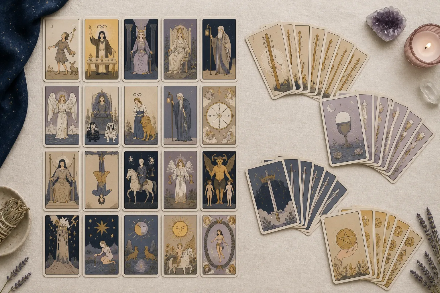 Tarot cards separated into a Major Arcana group and four Minor Arcana suit groups.