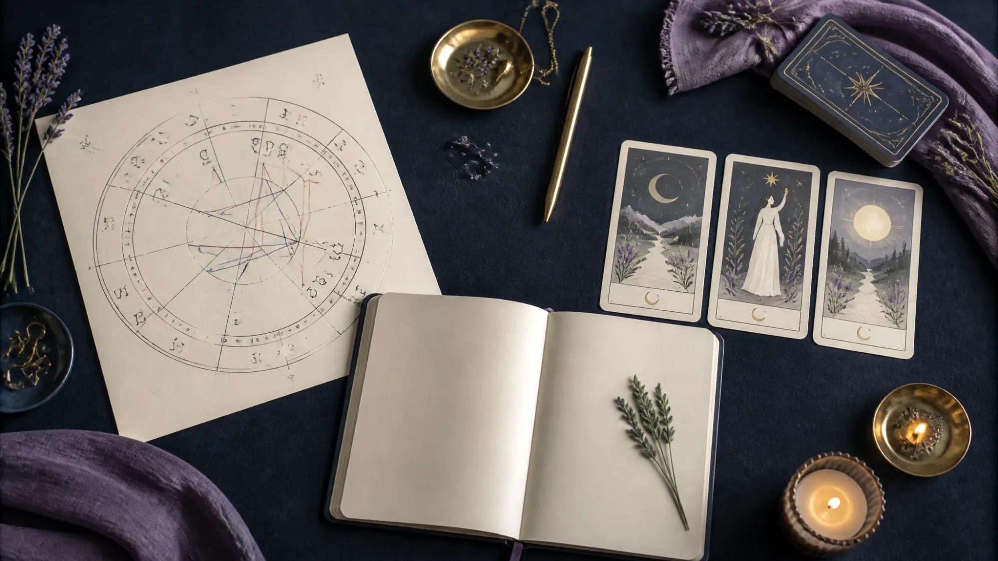Birth chart and tarot cards arranged around an open reflection journal.