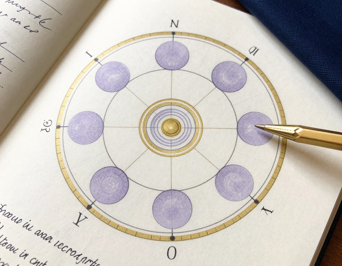 Natal chart and reflection journal with several repeating placements circled in lavender and gold.