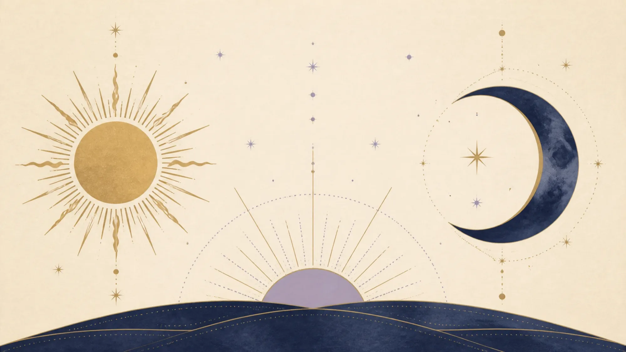Sun, crescent Moon, and horizon symbols representing Sun, Moon, and Rising signs.