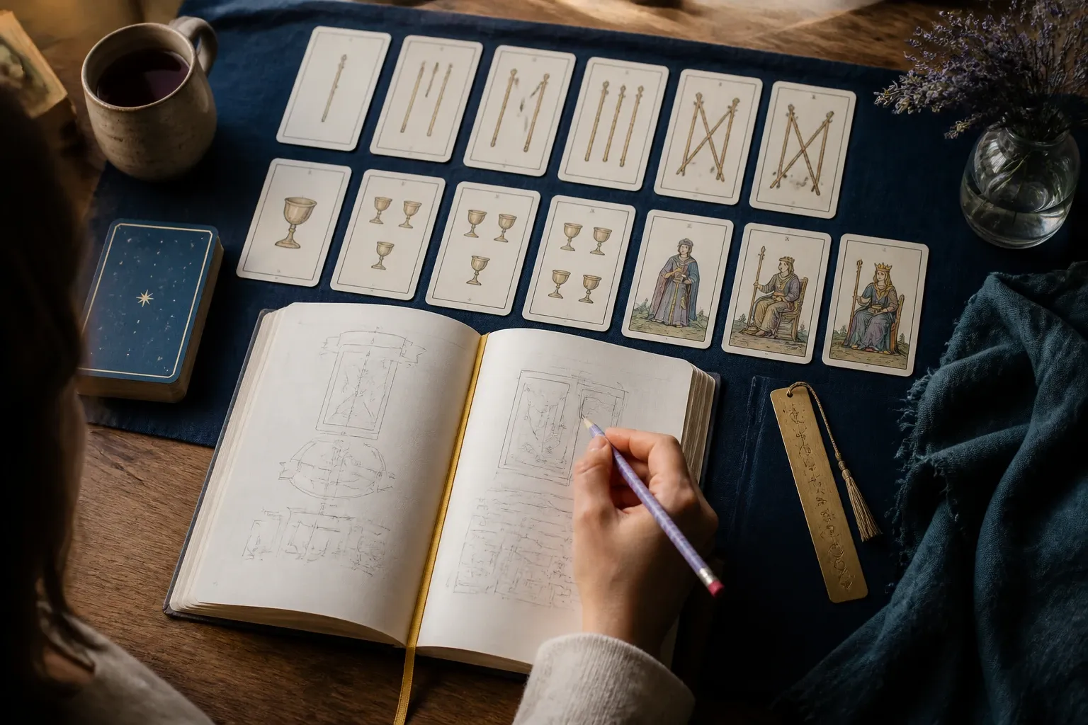 Tarot cards arranged beside an open journal, pencil, and navy cloth on a wooden desk.