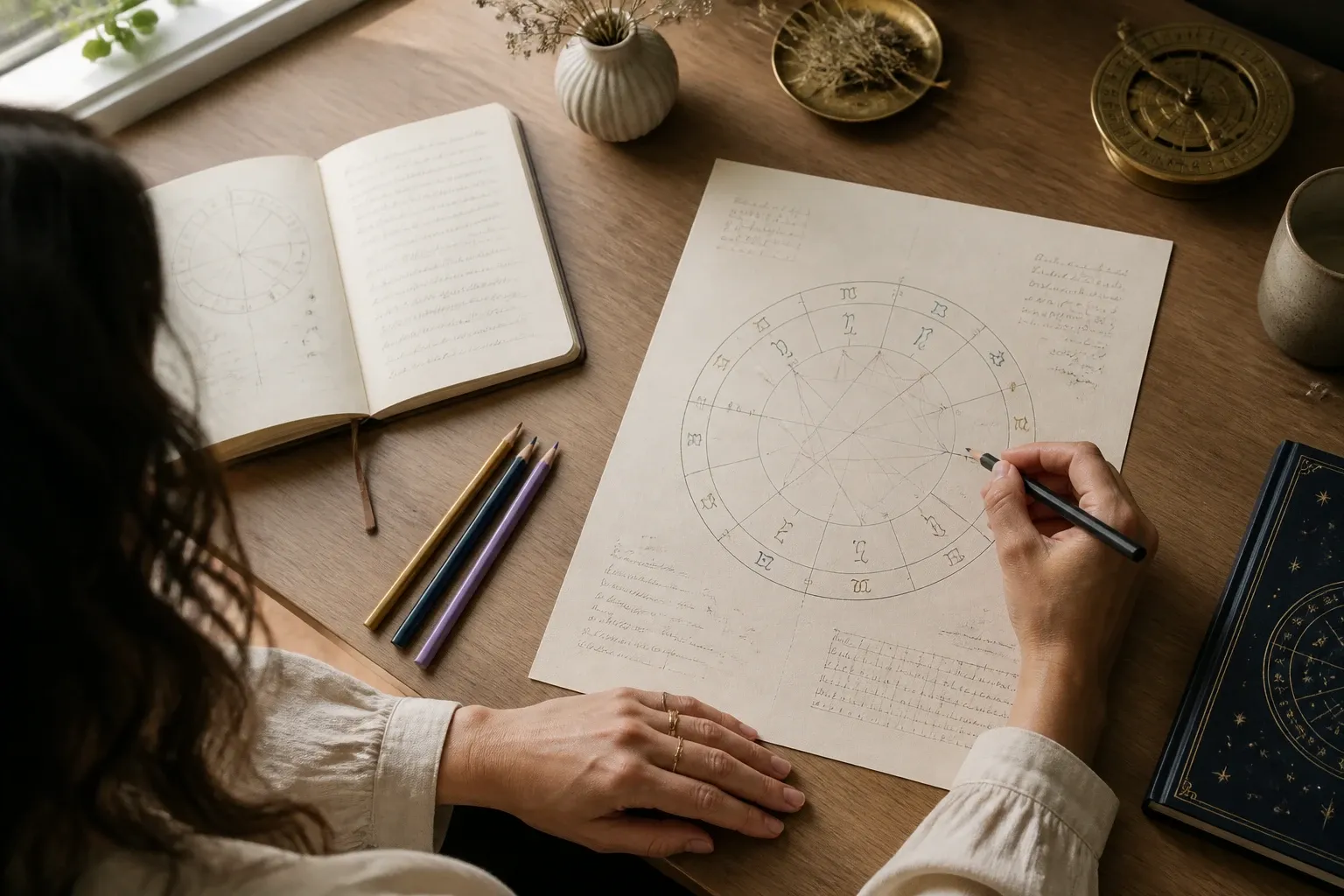 A person comparing modality patterns on a birth chart beside a notebook and three colored pencils.