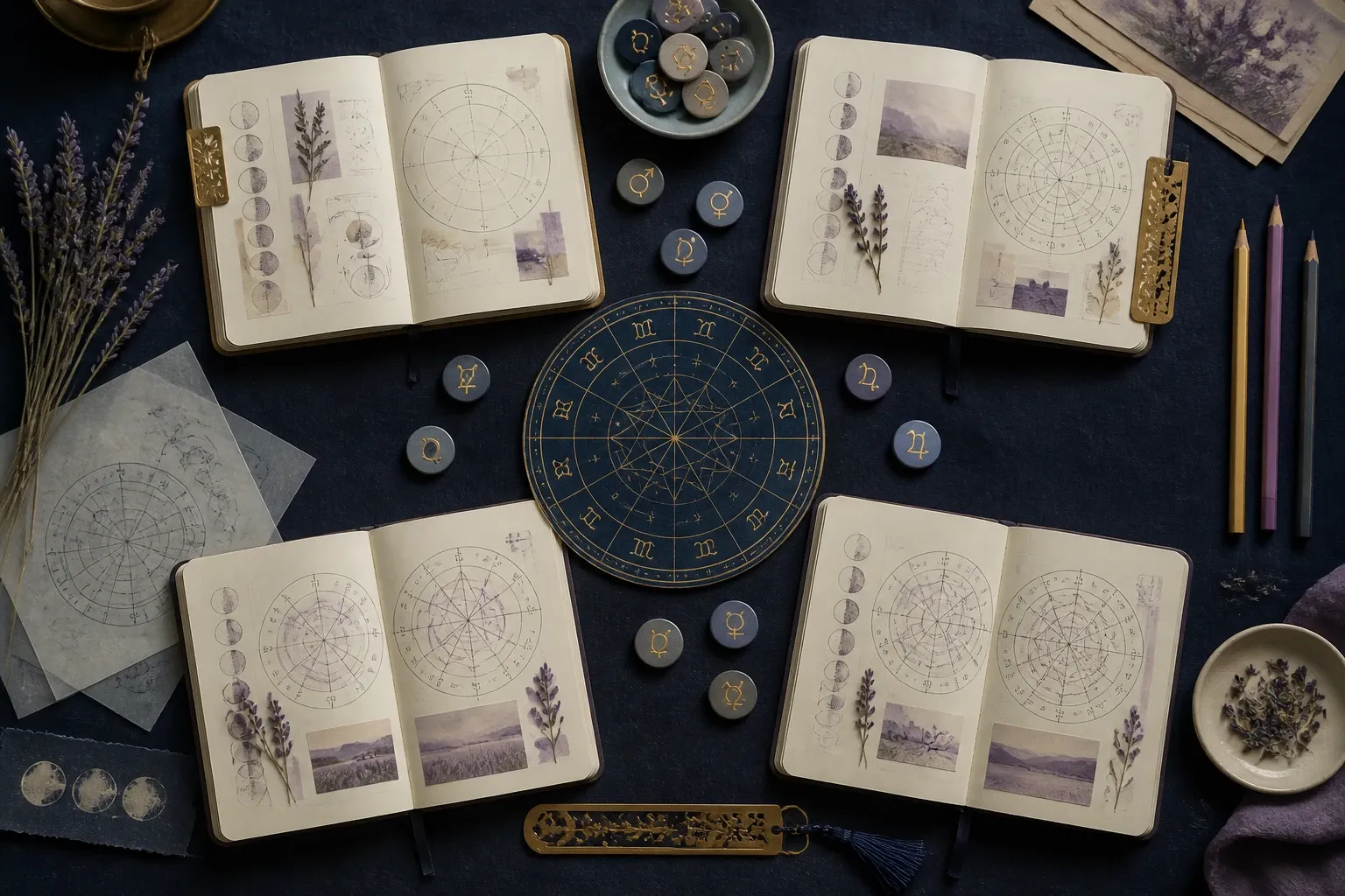Four-stage astrology study journal arranged around a birth-chart wheel.