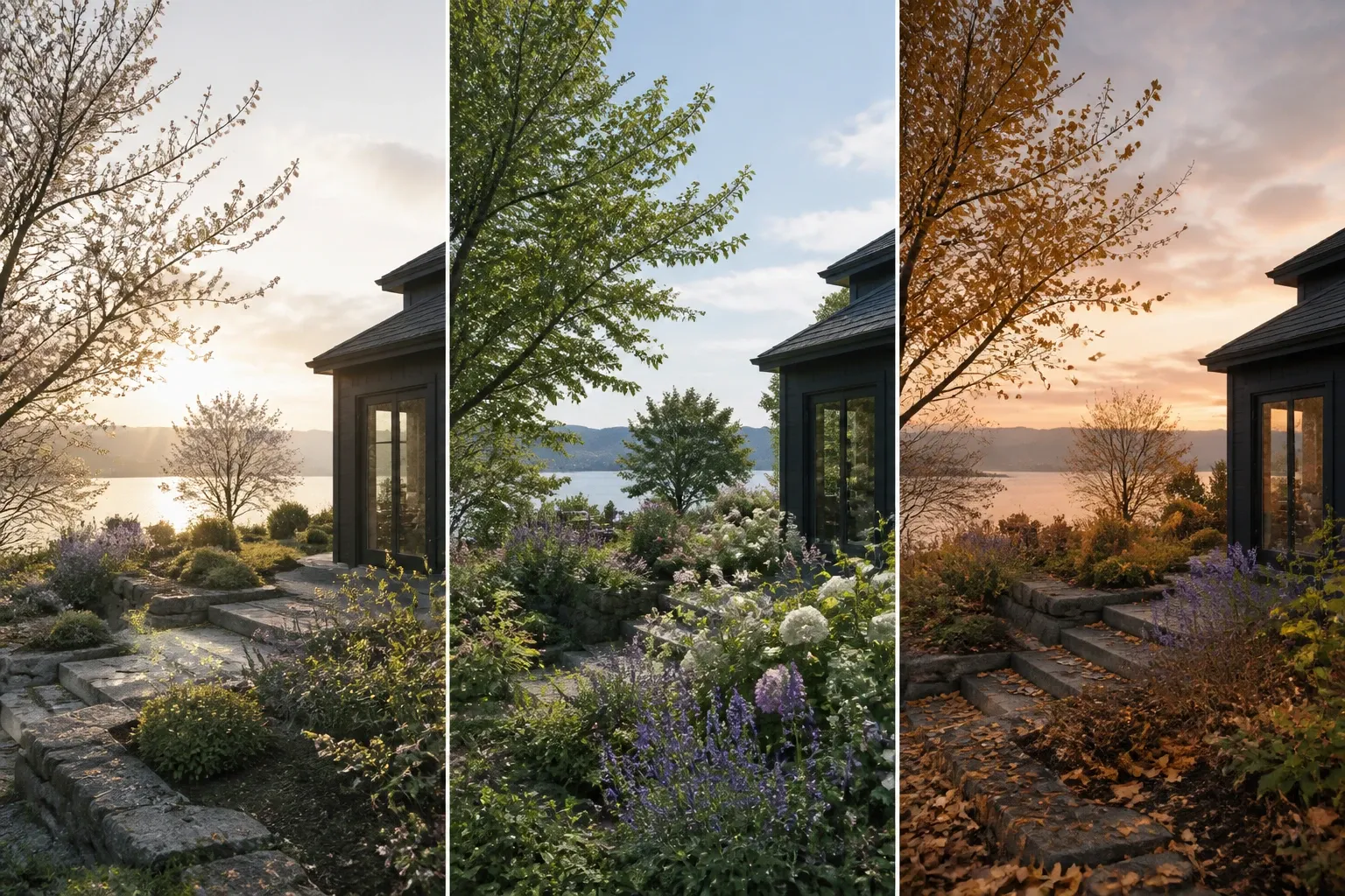 Three connected seasonal scenes showing new growth, stability, and transition.