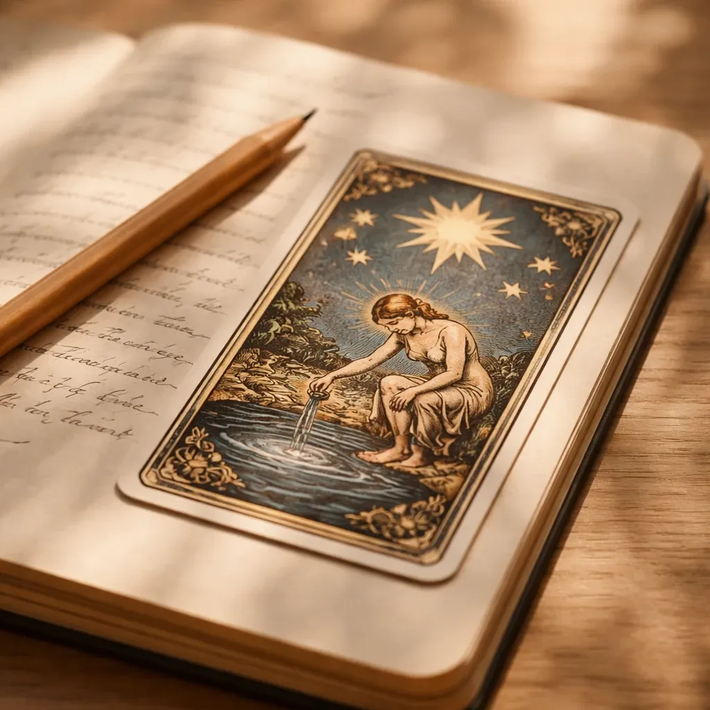 A tarot card beside an open journal and pencil in warm natural light.