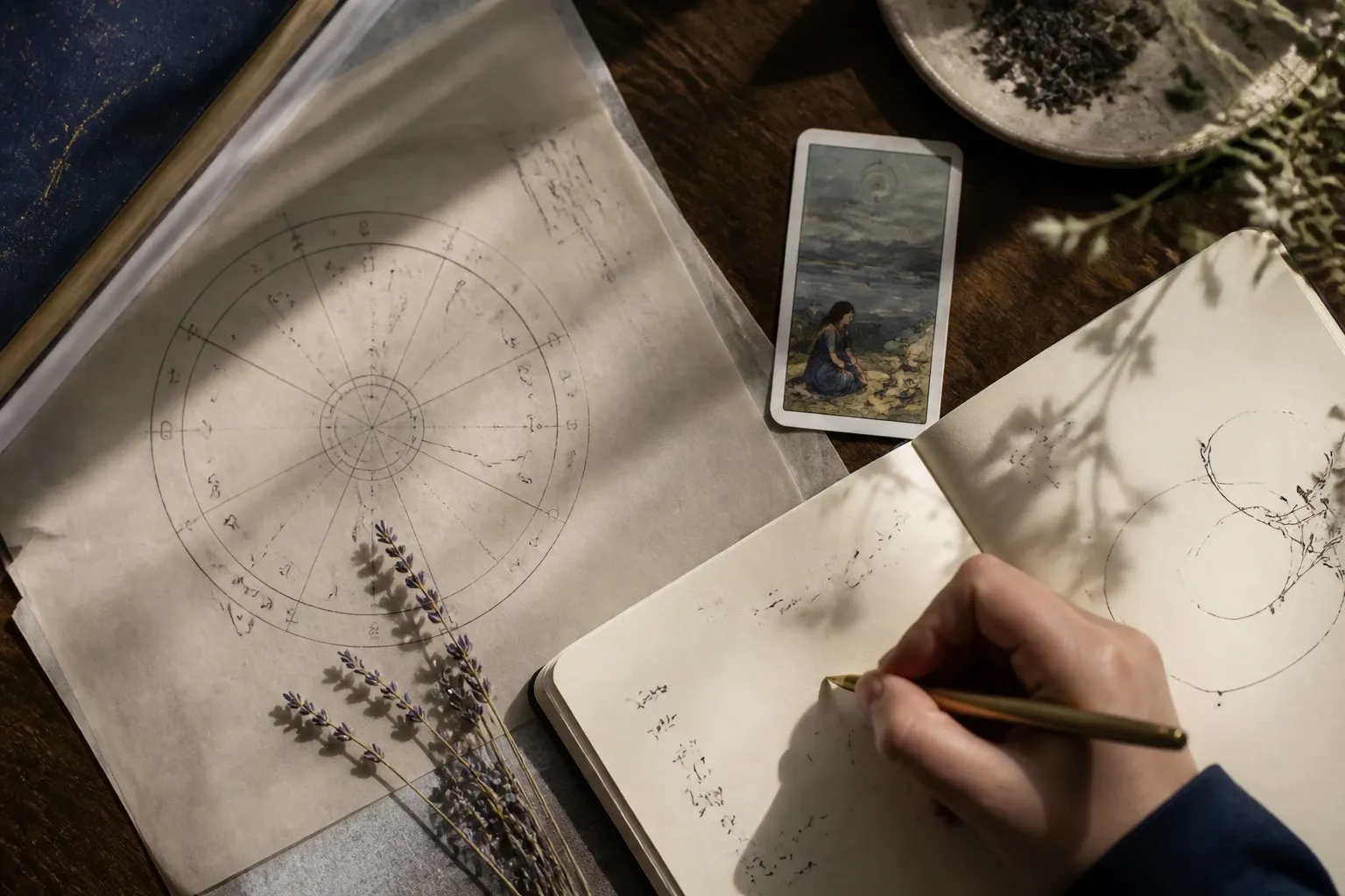 Journal, tarot card, and birth chart used together for reflective practice.