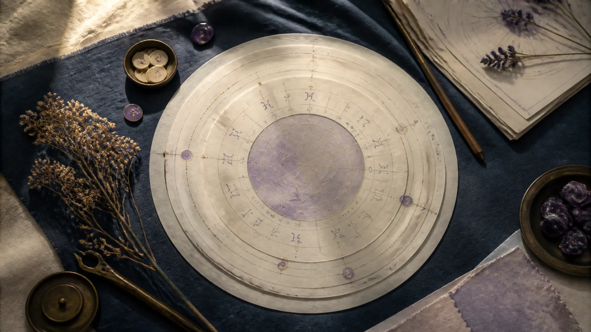 Layered natal chart representing planets, zodiac signs, houses, and astrology aspects.