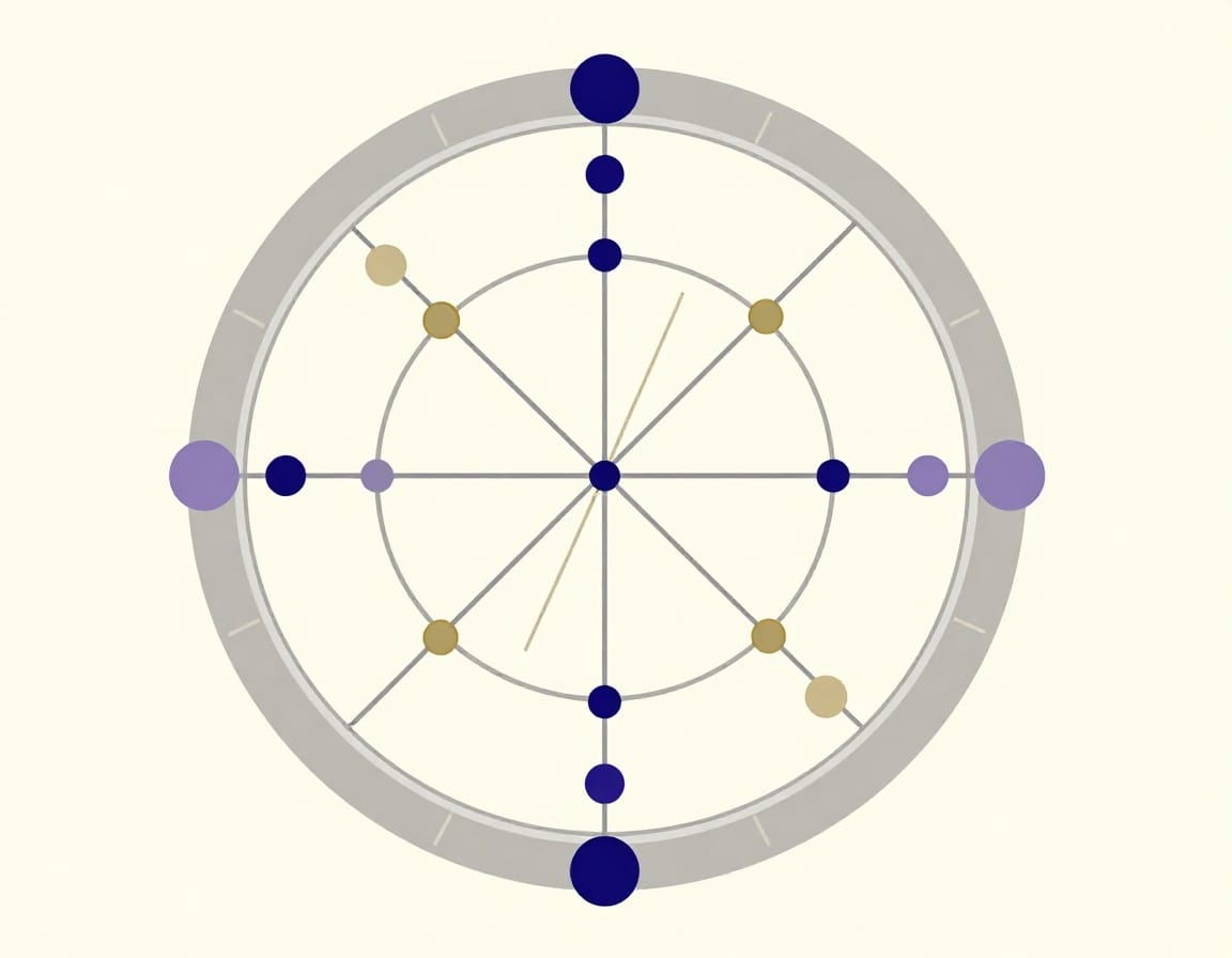 Illustrated natal chart wheel divided into twelve houses with planetary points and aspect lines.