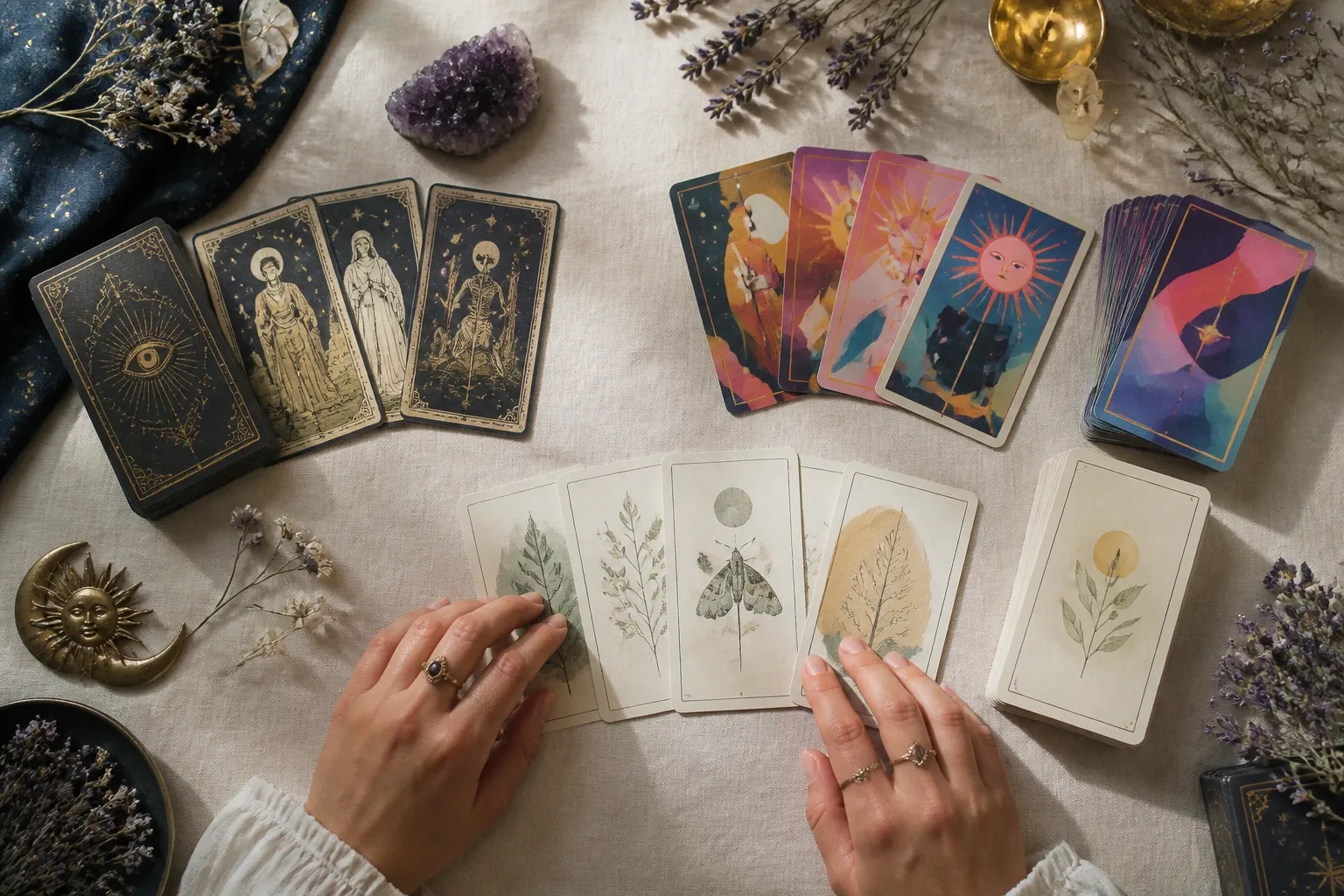 Three tarot decks with traditional, contemporary, and nature-inspired artwork arranged for comparison.