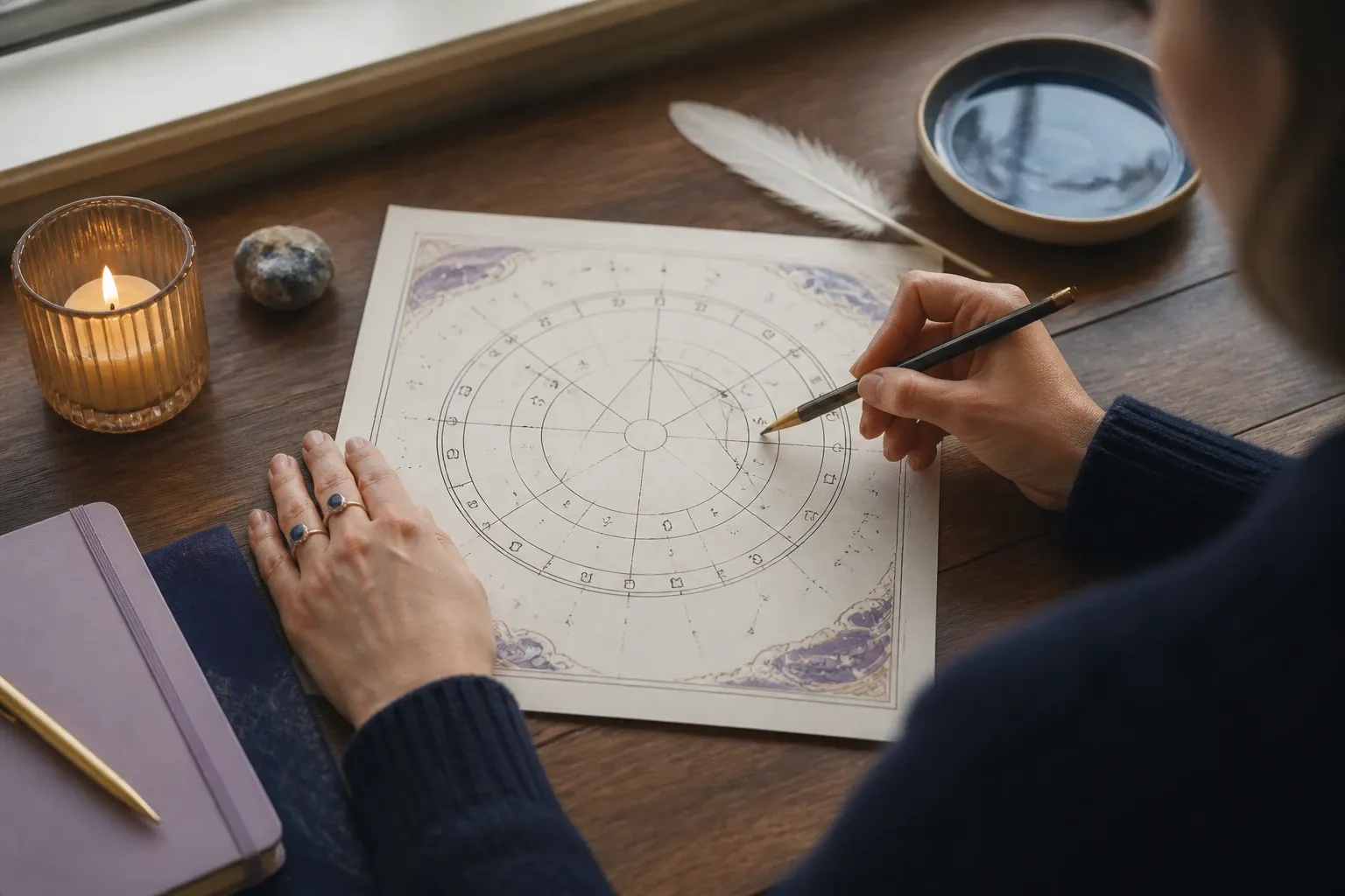 Hands reviewing a birth chart beside objects symbolizing the four astrology elements.