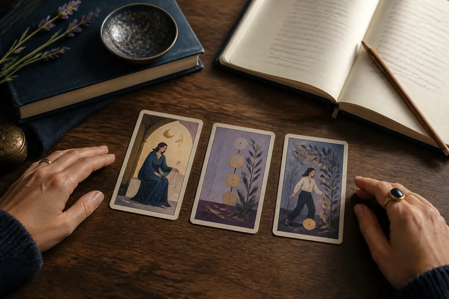 Hands comparing one Major Arcana card with two Minor Arcana cards beside an open journal.