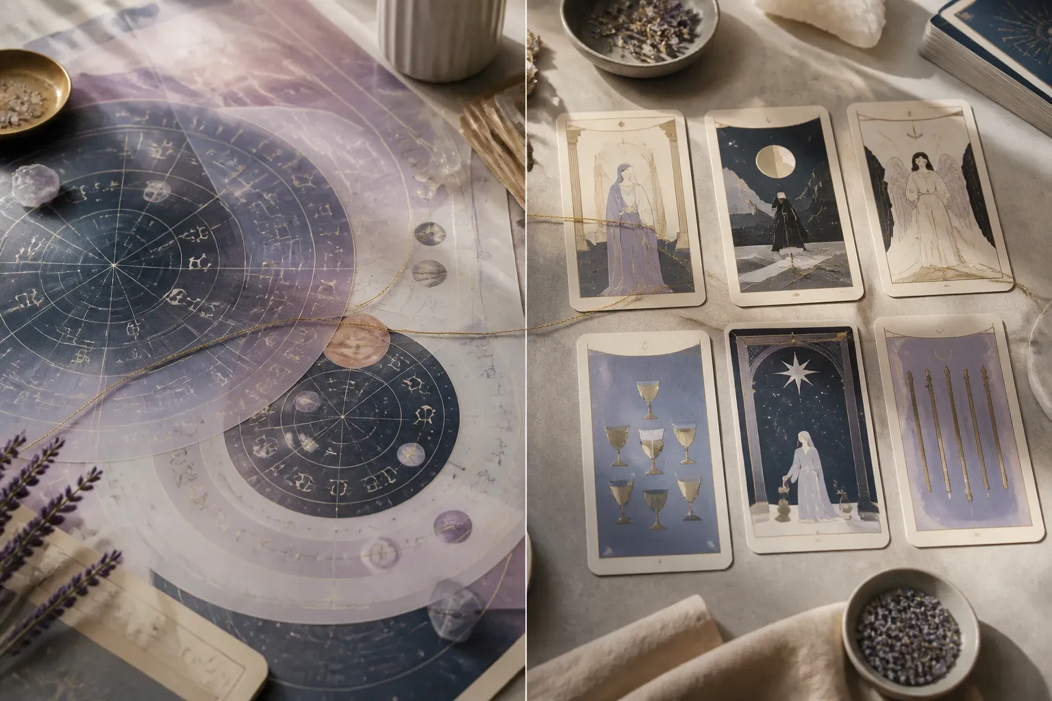 Astrology chart layers beside a structured tarot card spread.