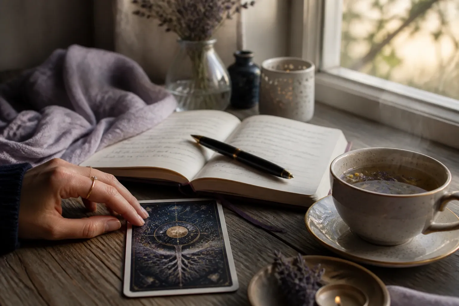 A single tarot card beside an open journal and tea during a quiet morning reflection.