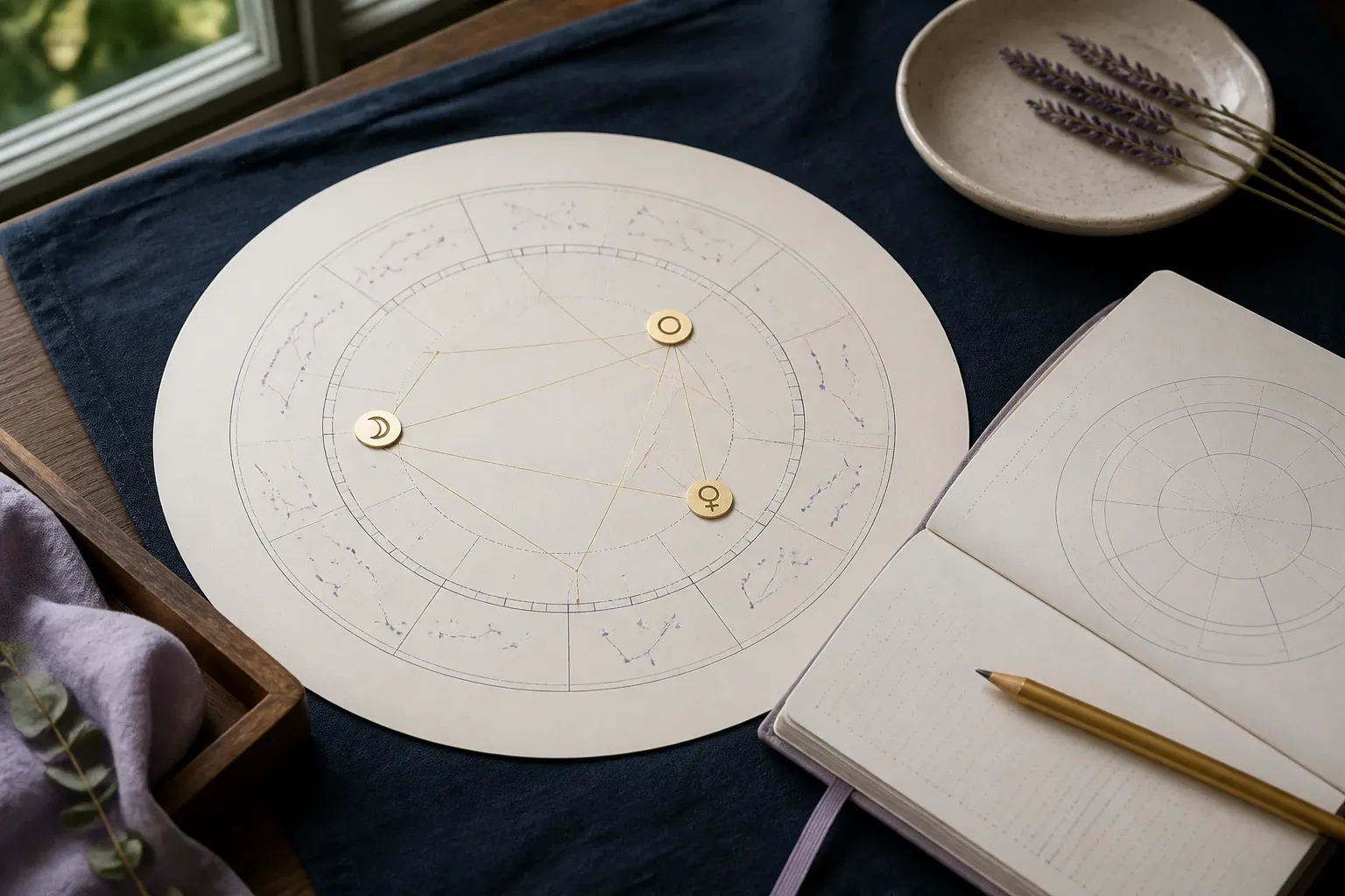 Birth-chart wheel and notebook arranged on a table to illustrate combining three astrological placements.