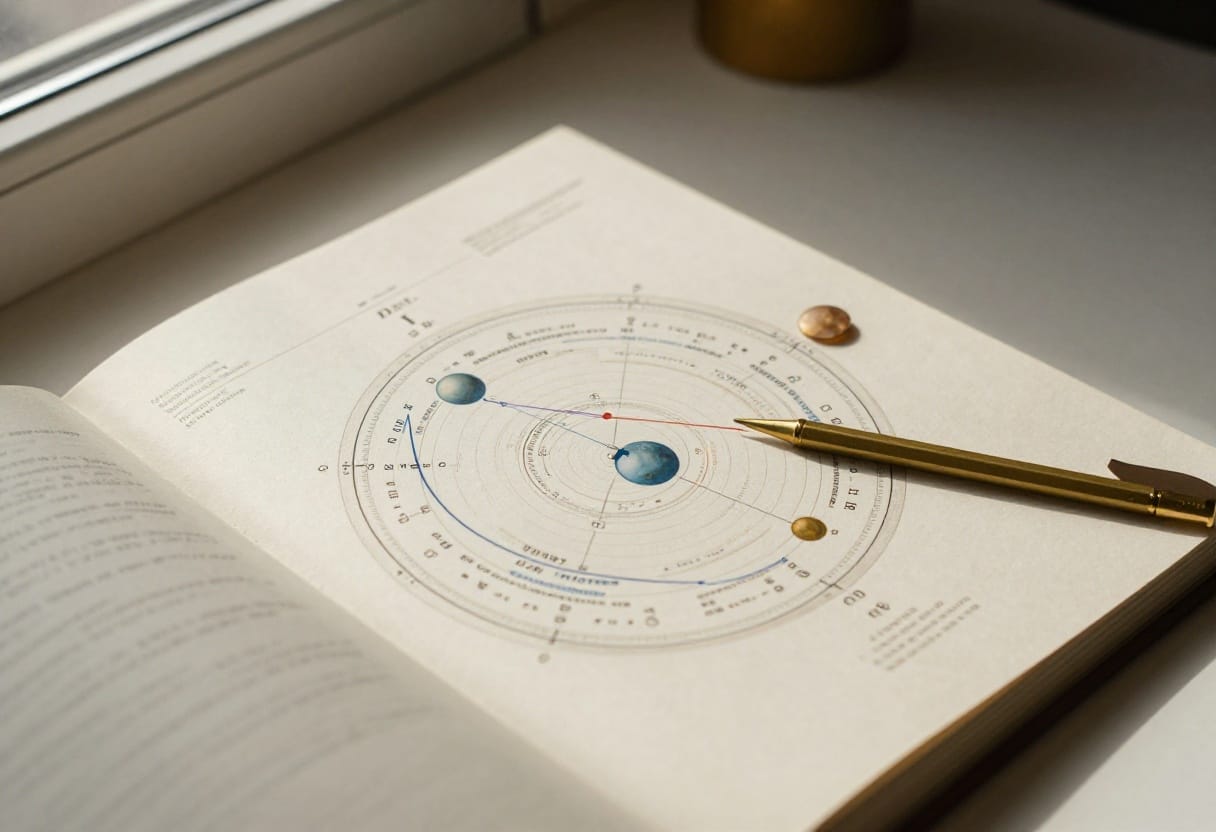 Natal chart beside a journal with an aspect line highlighted between two planets.