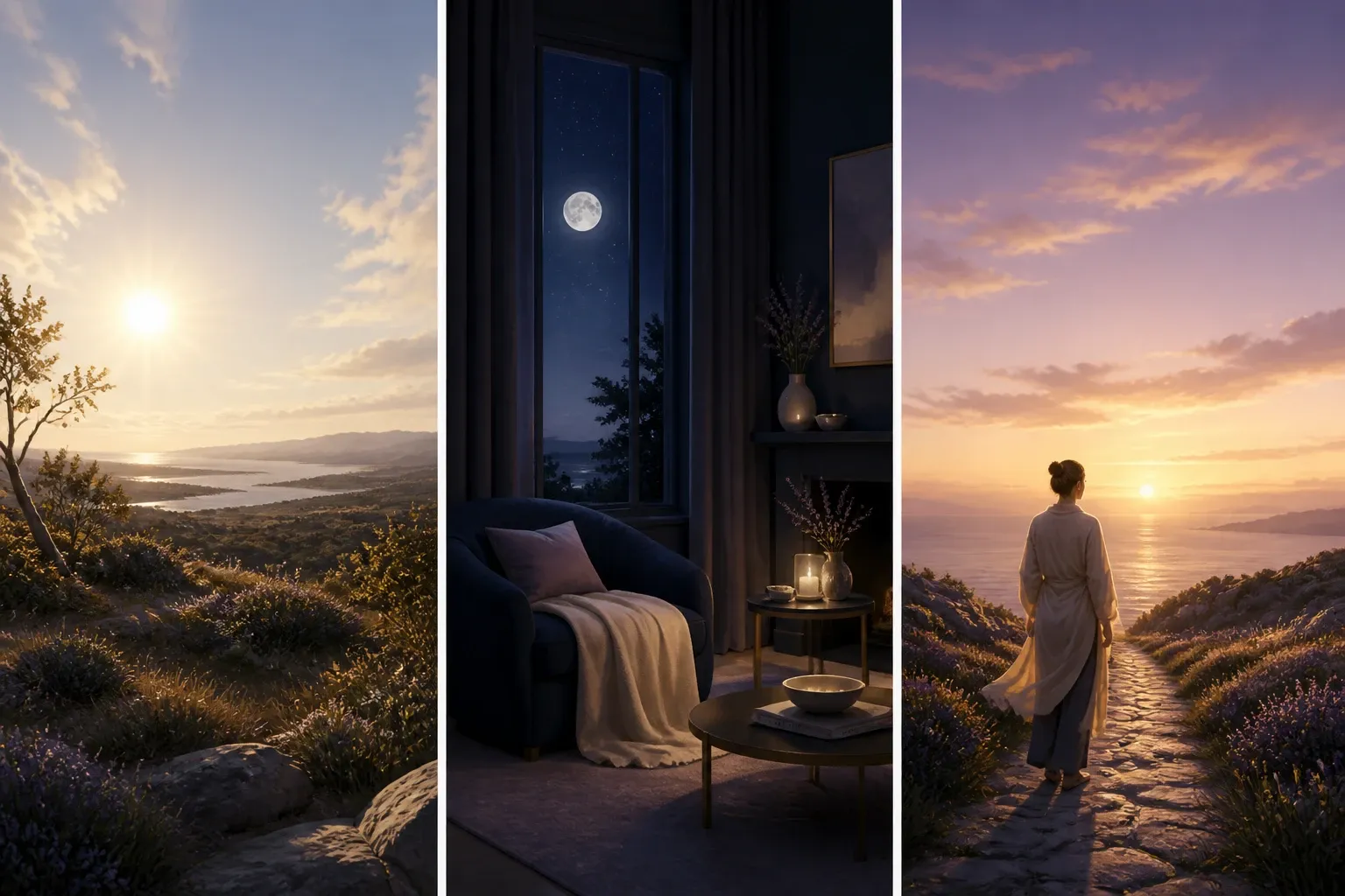Three-part illustration representing the Sun’s identity, the Moon’s emotional world, and the Rising sign’s outward approach.