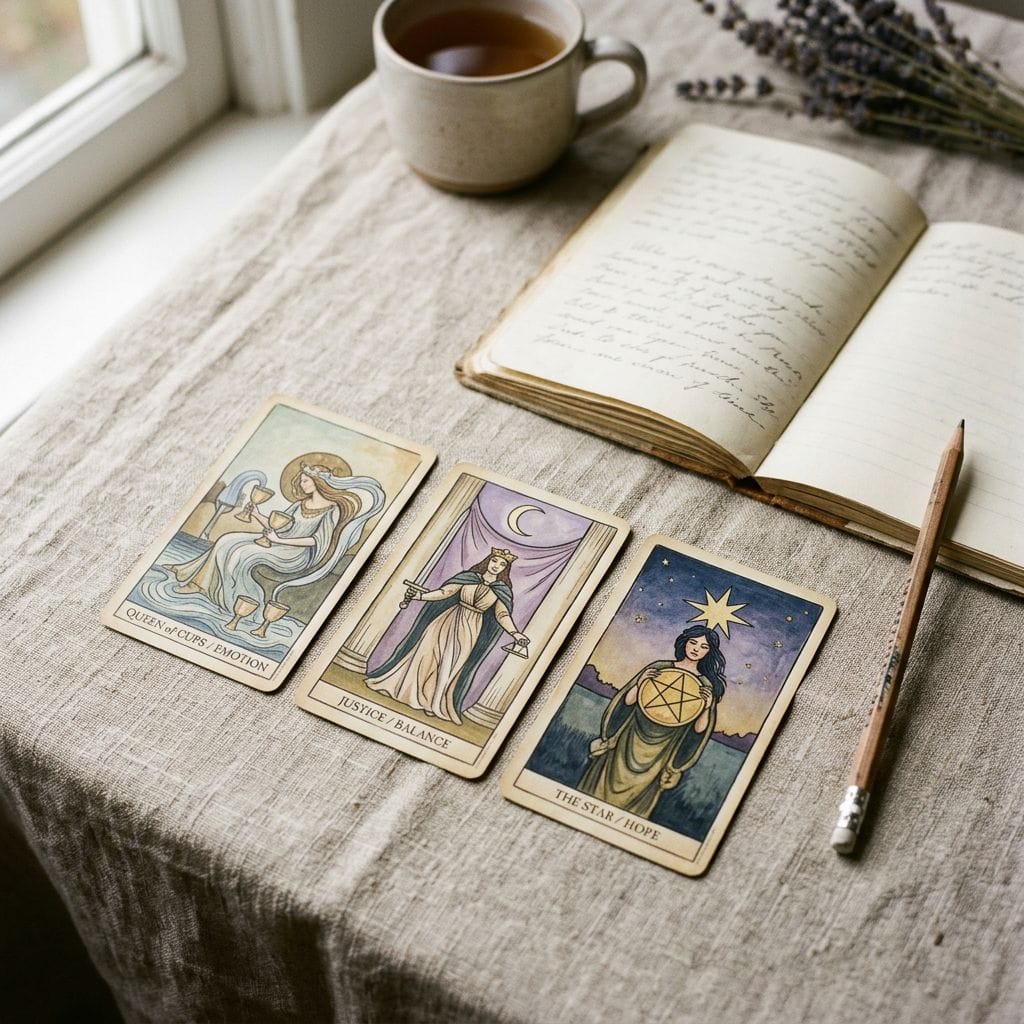 Three tarot cards arranged in a simple spread beside an open notebook.