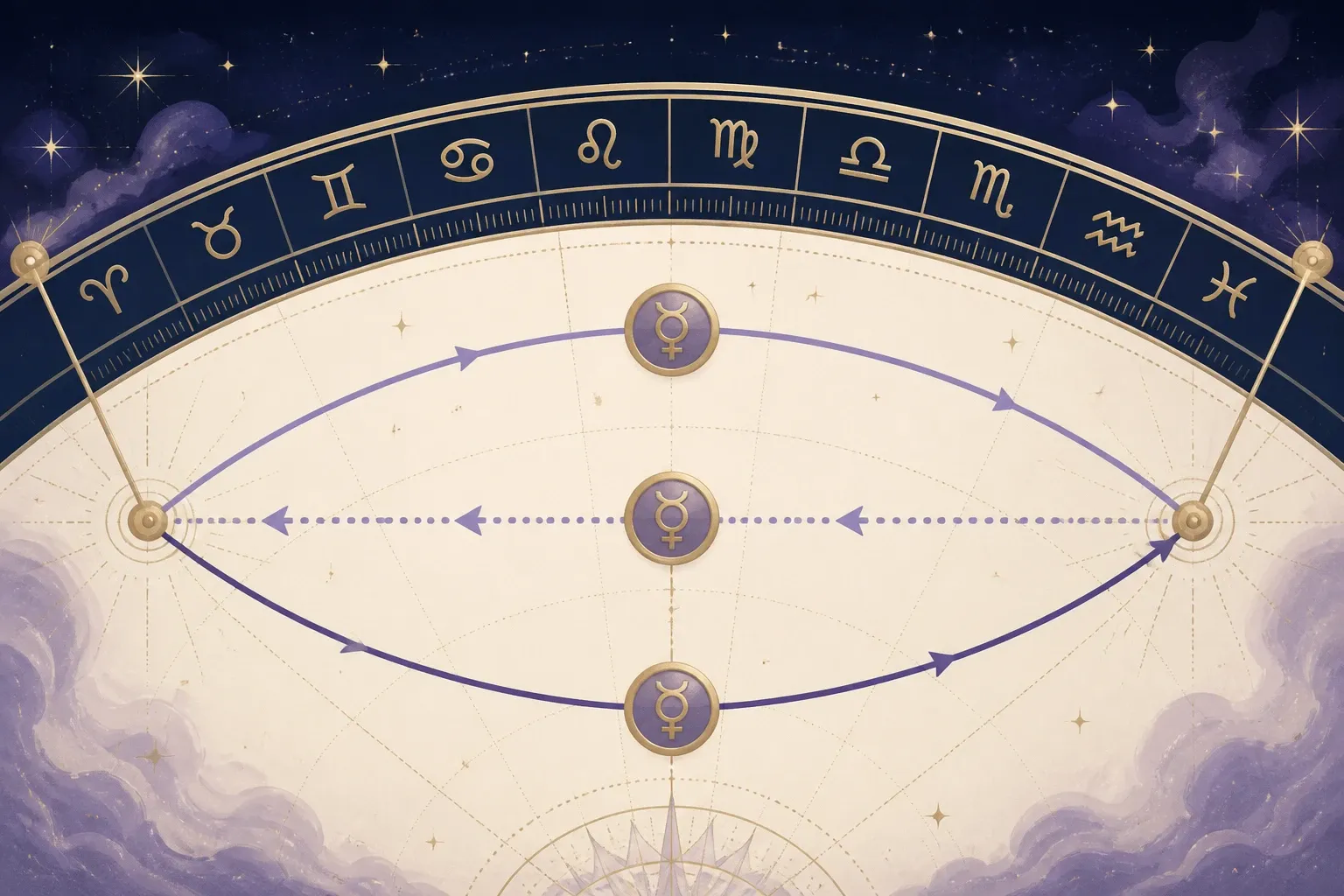 Three paths across the same zodiac degrees representing Mercury’s pre-shadow, retrograde, and post-shadow passes.