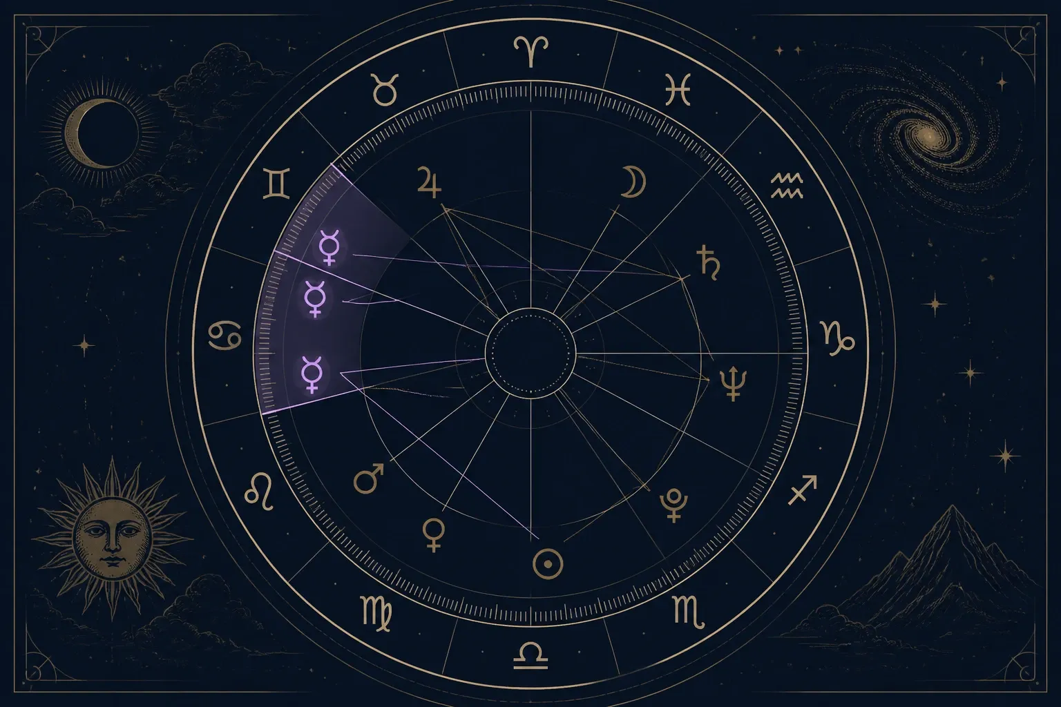 Birth chart with Mercury crossing the same highlighted house and natal degrees three times.