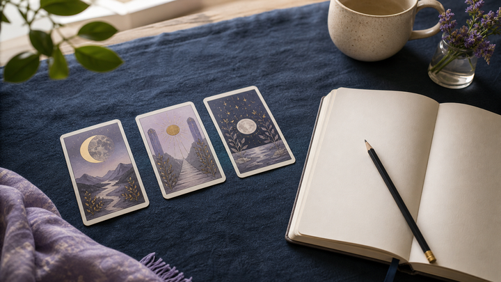 Three tarot cards beside an open journal and pencil on a navy cloth.