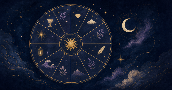 Illustrated astrology chart wheel divided into 12 houses on a navy celestial background with gold, cream, and lavender details.