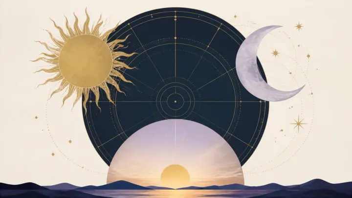 Golden sun, lavender crescent moon, and sunrise horizon arranged around a subtle astrological chart.