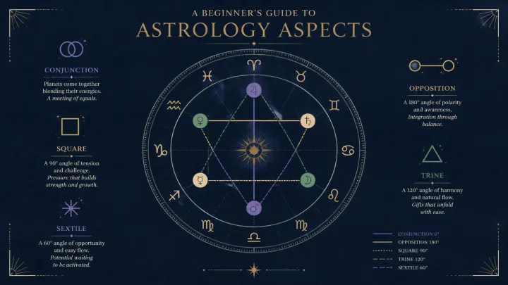 Birth chart with geometric lines representing the five major astrology aspects.