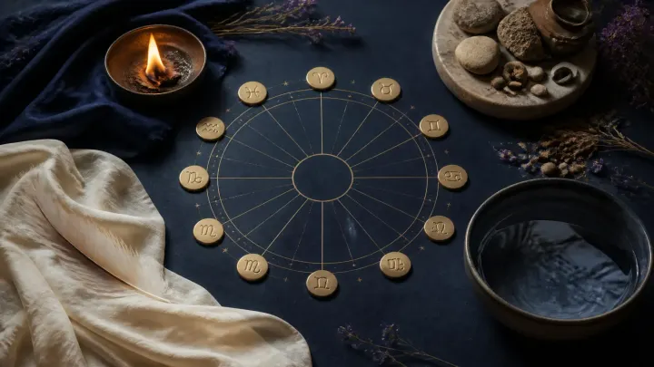 Birth chart surrounded by symbolic fire, earth, air, and water elements.