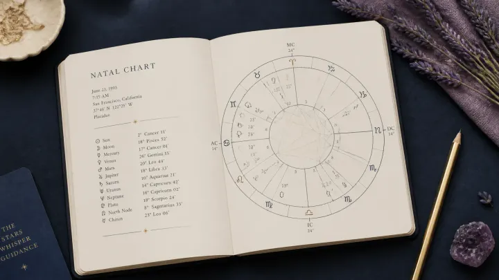 Open notebook with a natal chart wheel, pencil and lavender accents on a navy desk.v