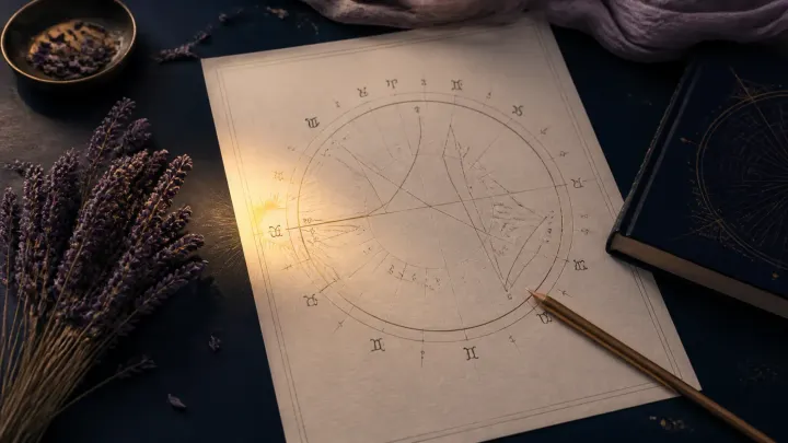 Birth chart on a navy desk illuminated by soft dawn light near the Ascendant point.