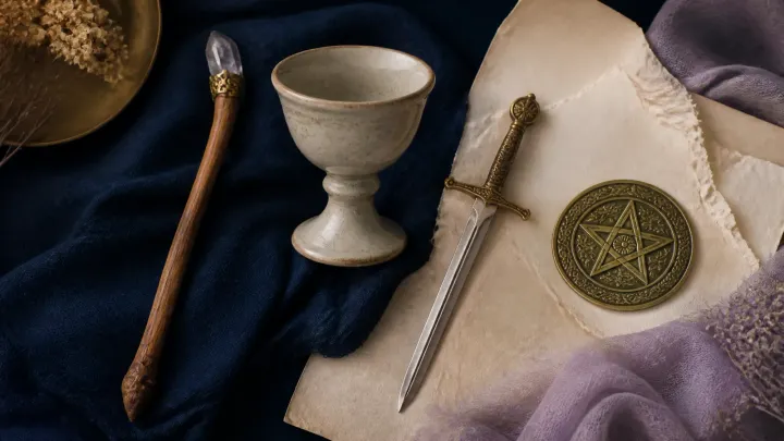 A wooden wand, ceramic cup, small silver sword, and brass pentacle arranged on navy fabric.