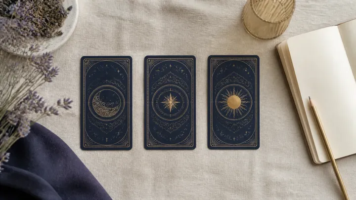 Three tarot cards arranged beside an open journal for a beginner three-card reading.