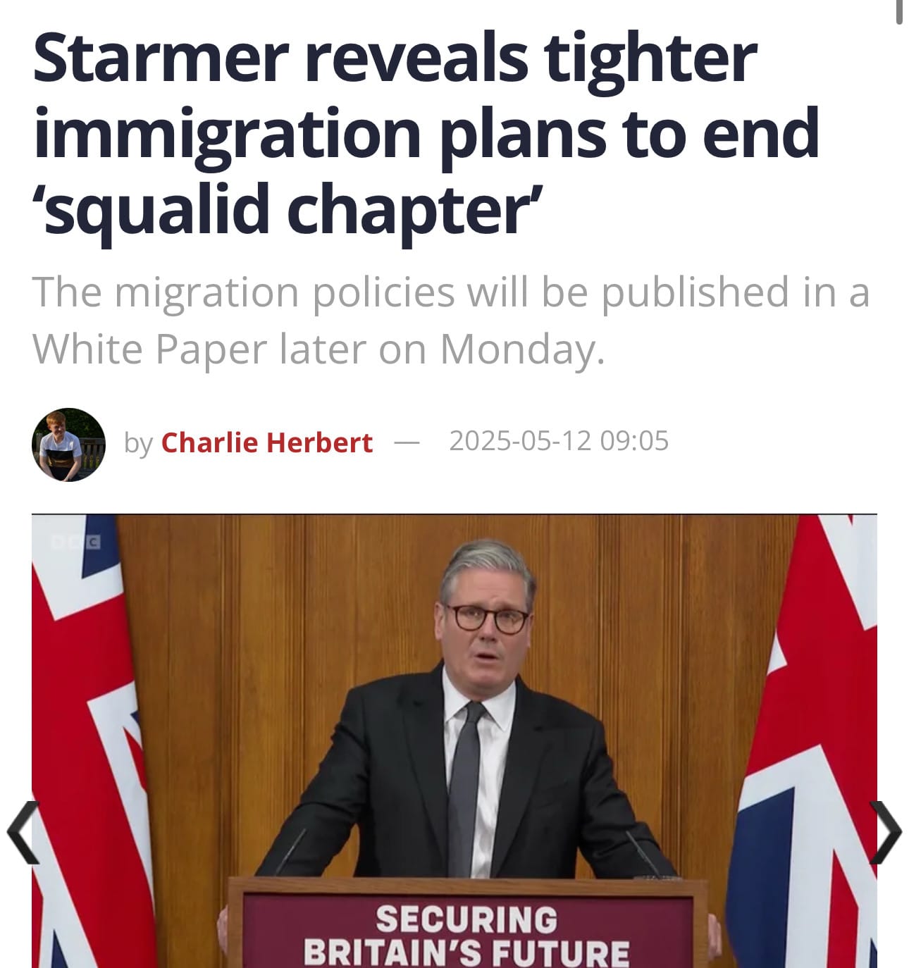 A headline: Starmer  review title immigration plans to end Squali chapter immigration policies will be published in a white paper later on Monday. There is a picture of Keir Starmer stood at a podium which says securing Britain’s future by two union jacks.