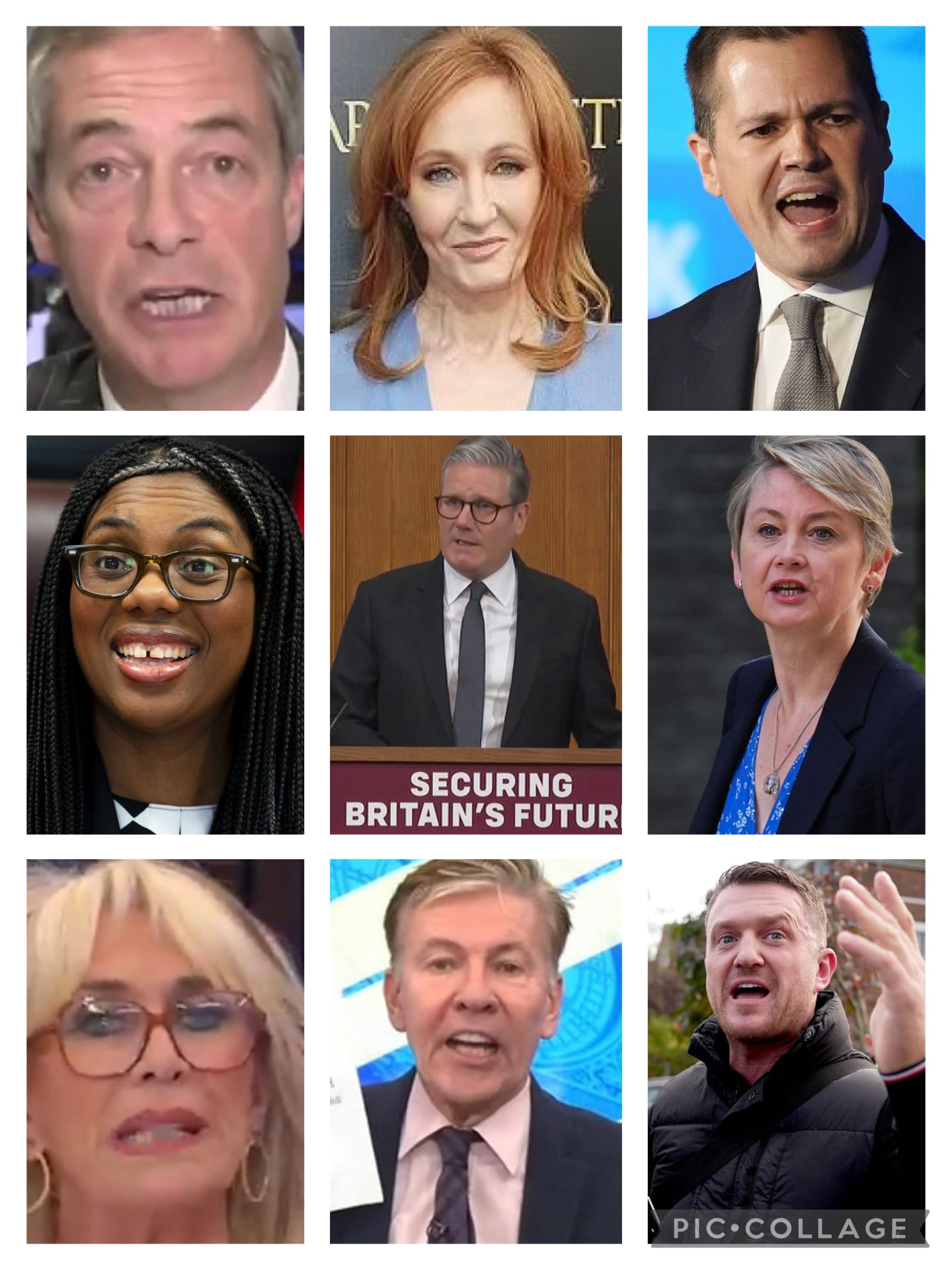 a collage of image of hateful people. Nigel Farage, JK Rowling, Robert Jenrick, Kemi Badenoch, Keir Starmer, Yvette Cooper, Carole Malone, Andrew Pierce, Tommy Robinson