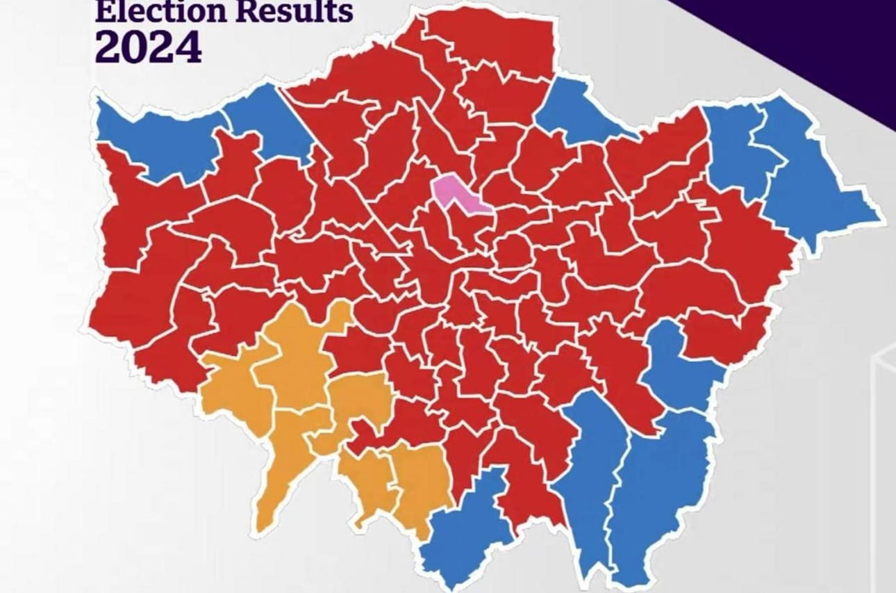 A graphic map of London showing election results 2024 it is coloured red for labour blue for conservatives yellow for Lib Dems and pink for independents. labour hold 59 out of 75 seats so the map is lovely red especially in the centre with some blue constituencies on the edge and some yellow constituencies in the south West