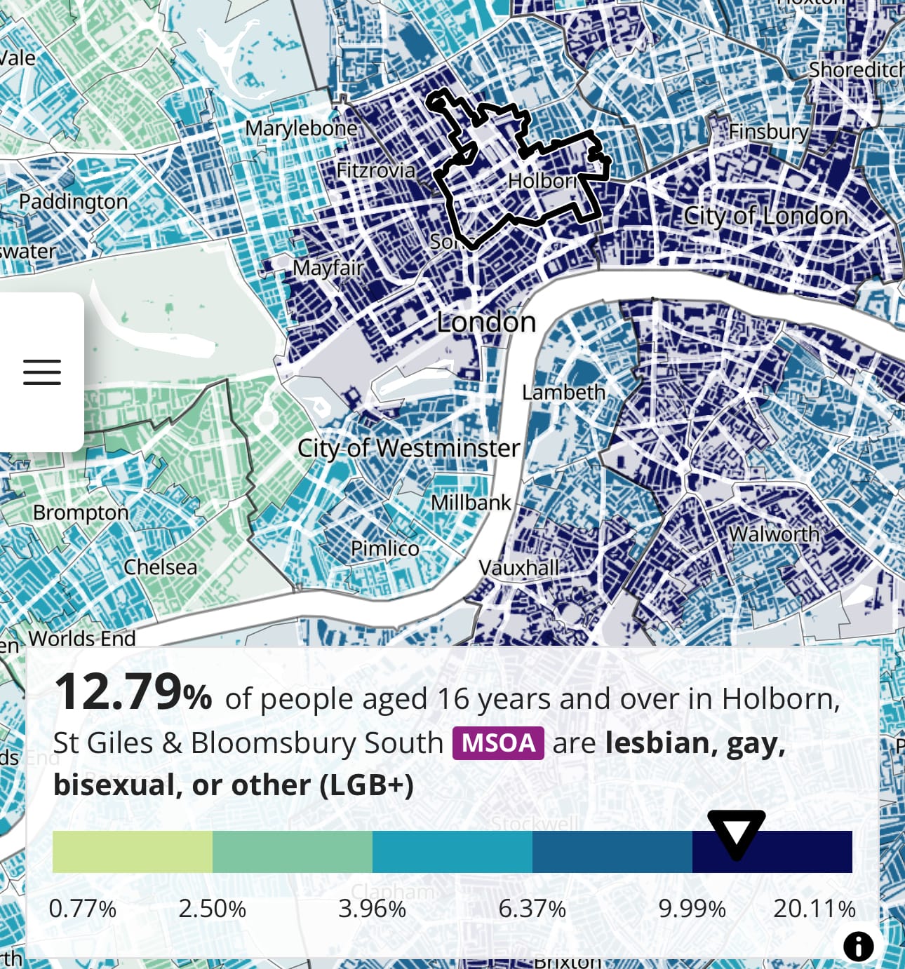 census map graphic of central london showing the area of Bloomsbury highlighted and text showing it is 12.79% Lesbian gay or bisexual 