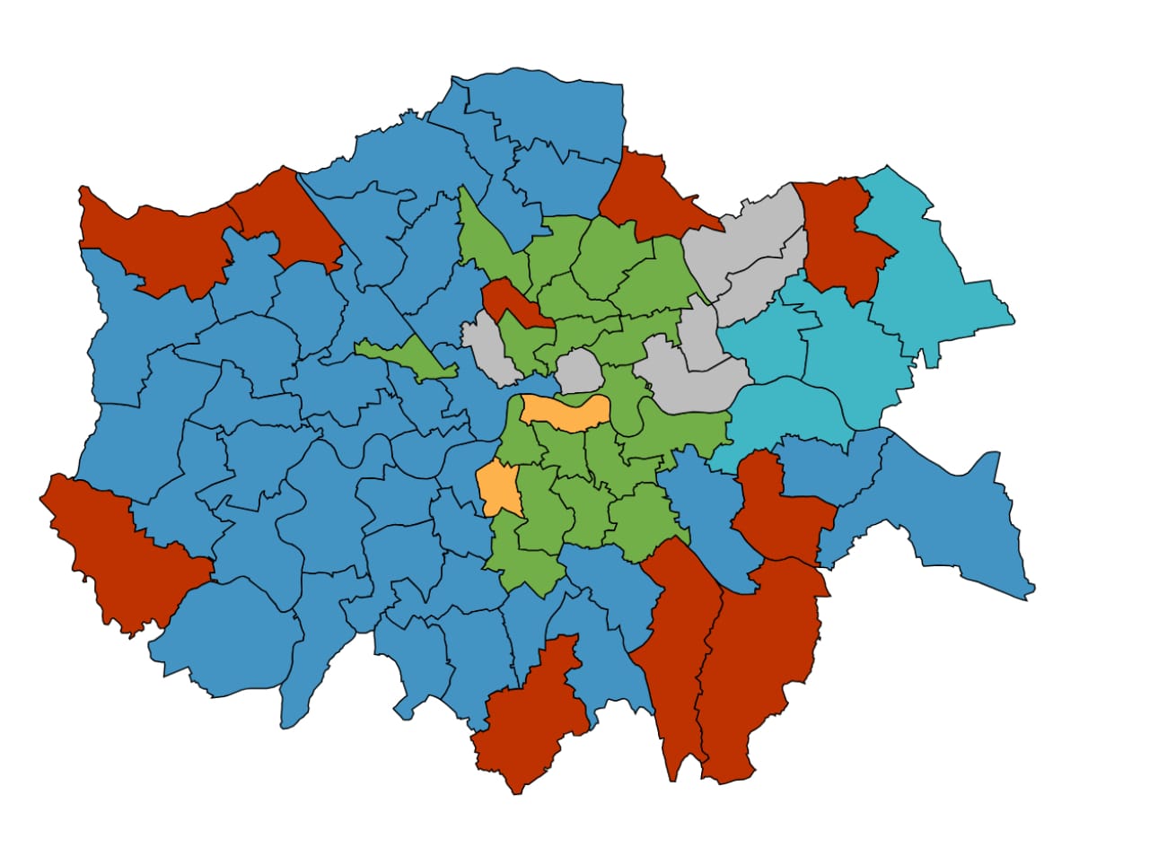 A graphic showing second place parties in the 2024 general election. West is largely blue for Tories, east is green, further east is Reform