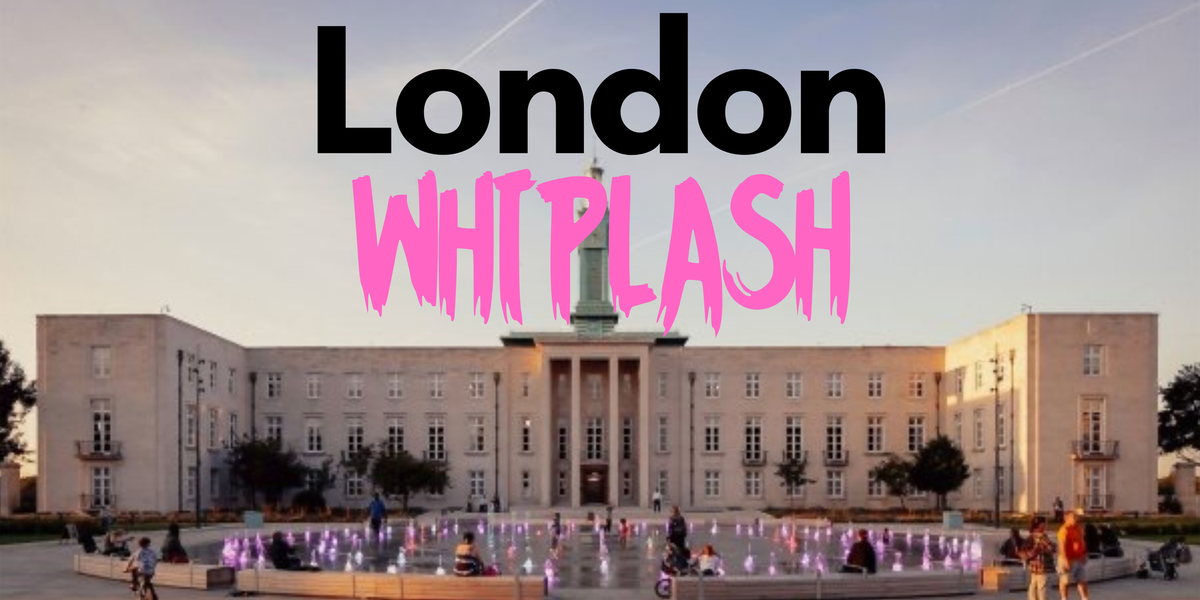 an image of Wolf from Stowe town hall a large building with three central columns, three stories and two wings at each side above it superimpose is the title of this blog London Whiplash