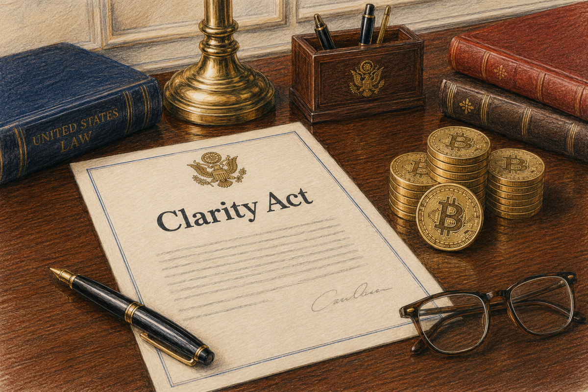 Documento con título "Clarity Act" y unas monedas de Bitcoin sobre un escritorio clásico.