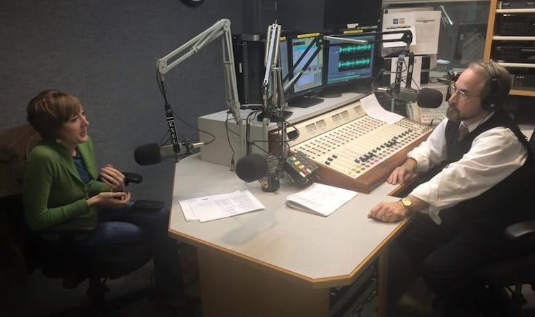 Host Jeff Stein interviews IowaWatch reporter Lauren Mills in December.