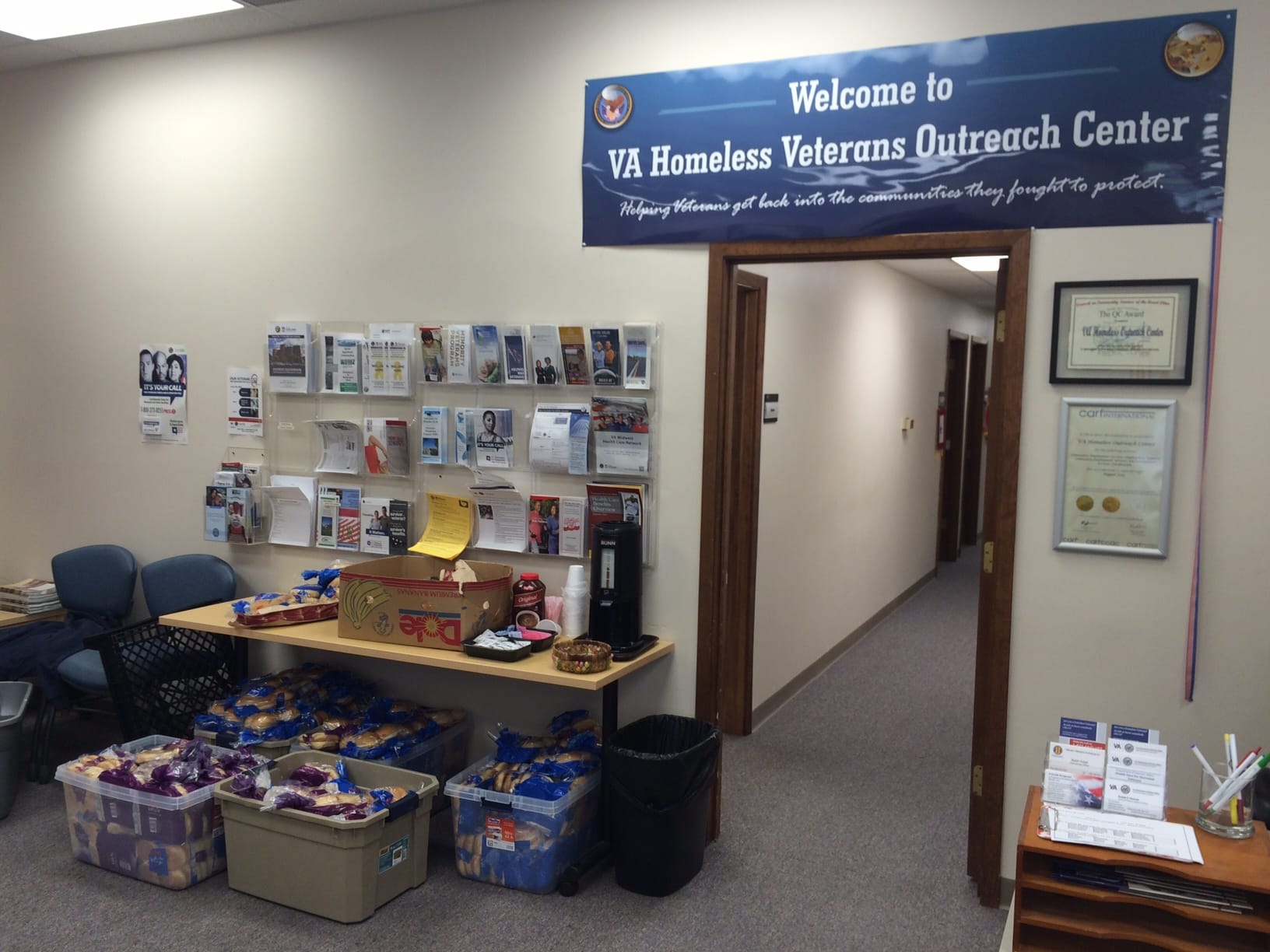 The lobby at the Veterans Administration Homeless Outreach Center facility in Rock Island, Illinois, on June 9, 2016, before the facility moved to another location.