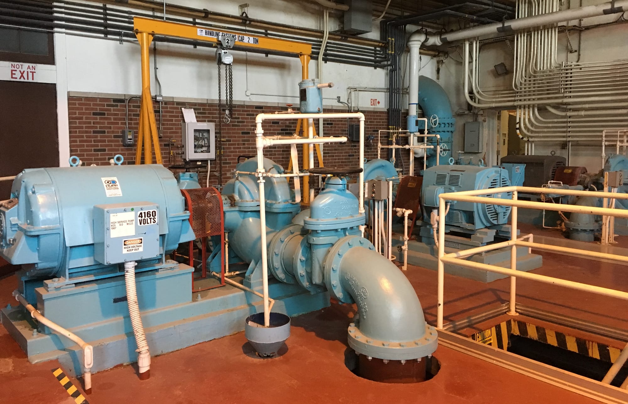 The final stage of drinking water treatment at the East River Station in Davenport, Iowa, involves pumping the finished product out to service areas. This treatment plant serves Davenport and Bettendorf, Iowa, consumers.