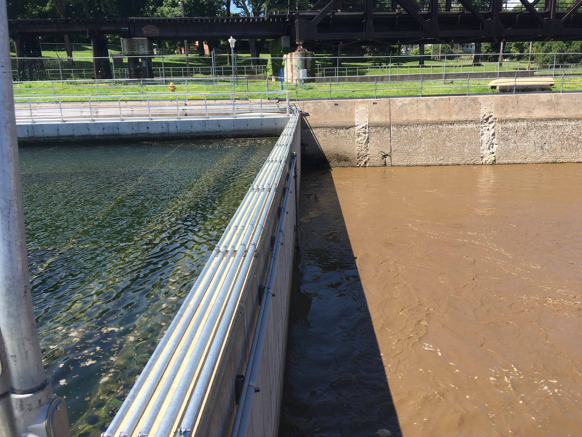 The East River Station in Davenport, Iowa, pushes water back into the Mississippi River after being treated. Water in the pool on the right is to be mixed with treated water before going back into the river, while water in the pool on the left is to continue through the final stages of treatment.
