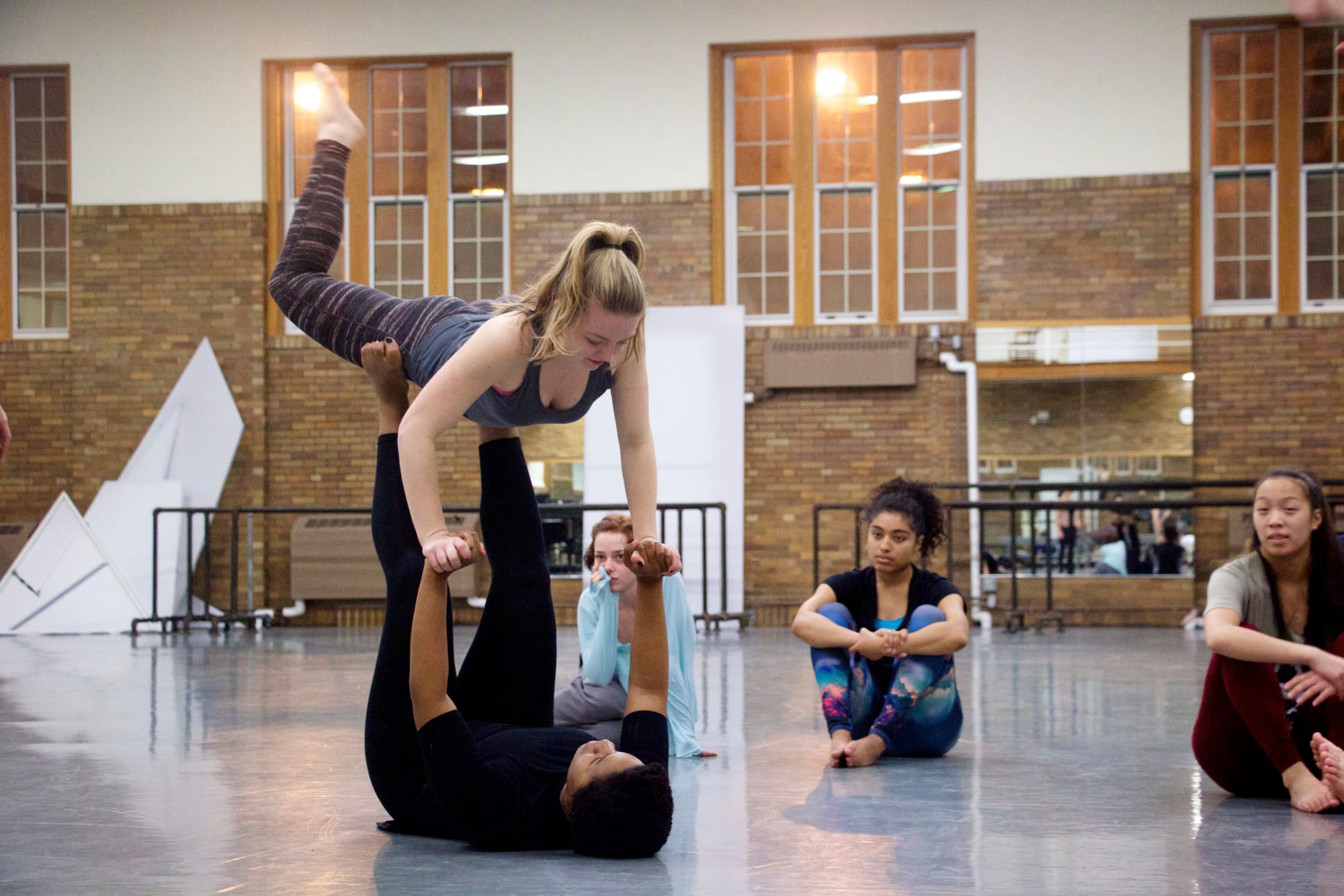 Members of the 2016 University of Iowa Dancers in Company troupe practice during a Feb. 11 rehearsal for their upcoming Water Works program, which features six dances themed around water.