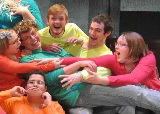 Jacob Amhof (top center in the yellow shirt) and his classmates in the variety play 'Fused & Fraid,' that the Buena Vista University students wrote and produced.