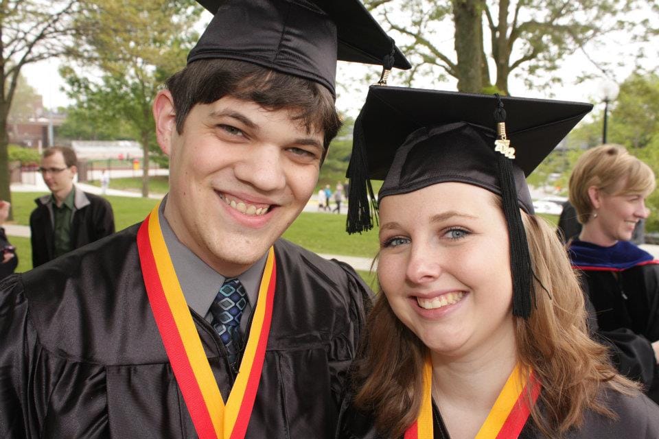 Katie Anthony and boyfriend, Ben Lucas, graduating from Simpson College in 2012. Anthony, who has cyclic vomiting syndrome (CVS), is a graduate student at Iowa State University now.