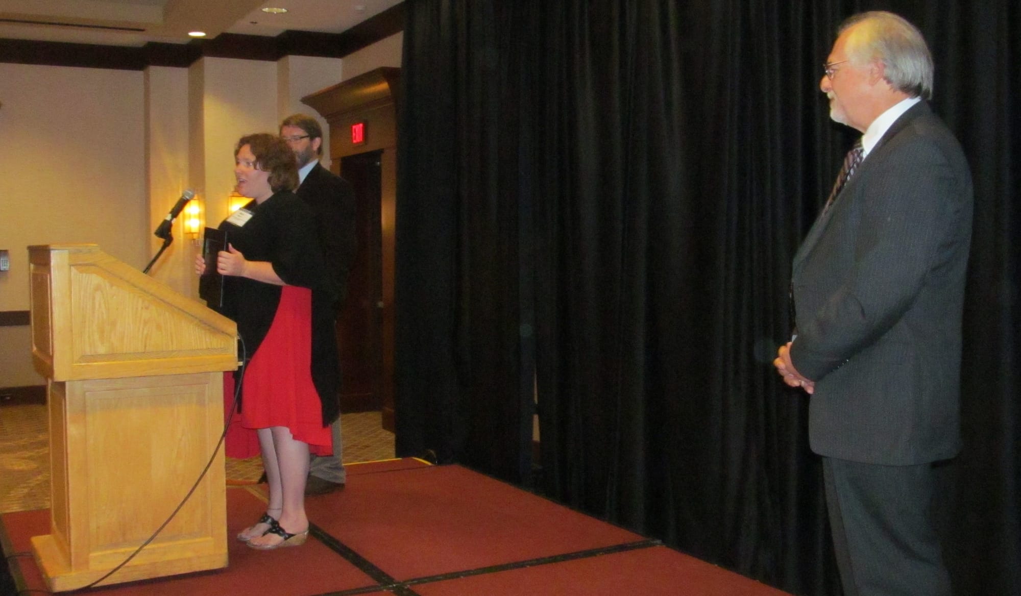 2015 Stephen Berry Free Press Champion Award winner Mary Mason speaks after she and co-winner James Compton were given the award by IowaWatch executive director Lyle Muller the night of Oct. 8, 2015.