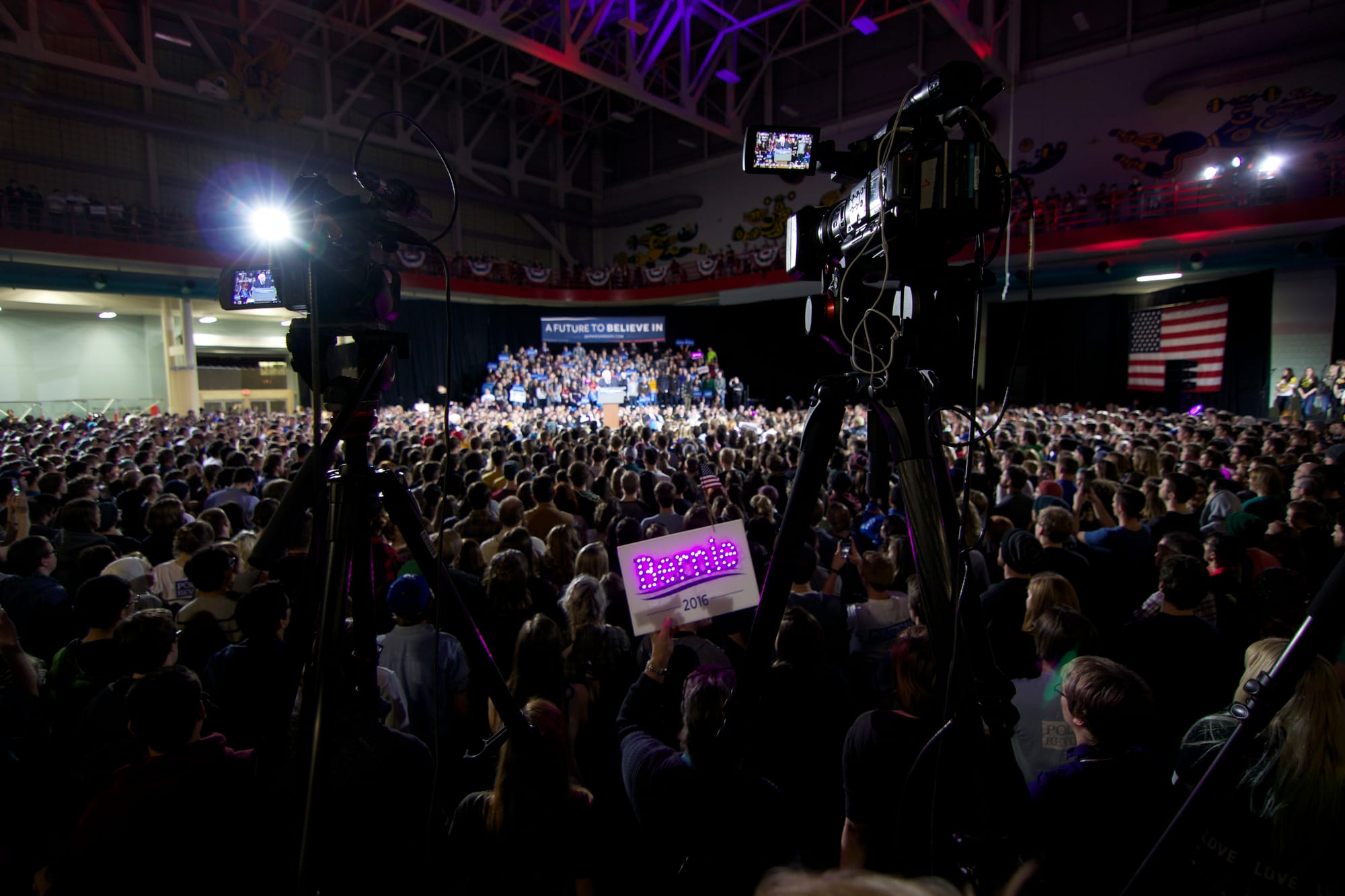Democratic presidential candidate and Vermont Sen. Bernie Sanders fills the University of Iowa Field House to its 3,500 capacity as he speaks to supporters just 48 hours before the Iowa caucuses on Jan. 30, 2016. 